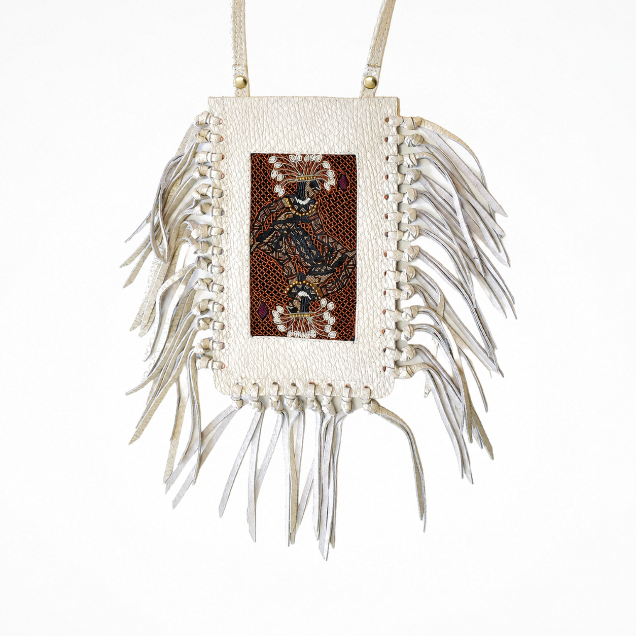 Close-up of white textured leather Poker Bag with embroidered jack playing-card motif and long leather fringe
