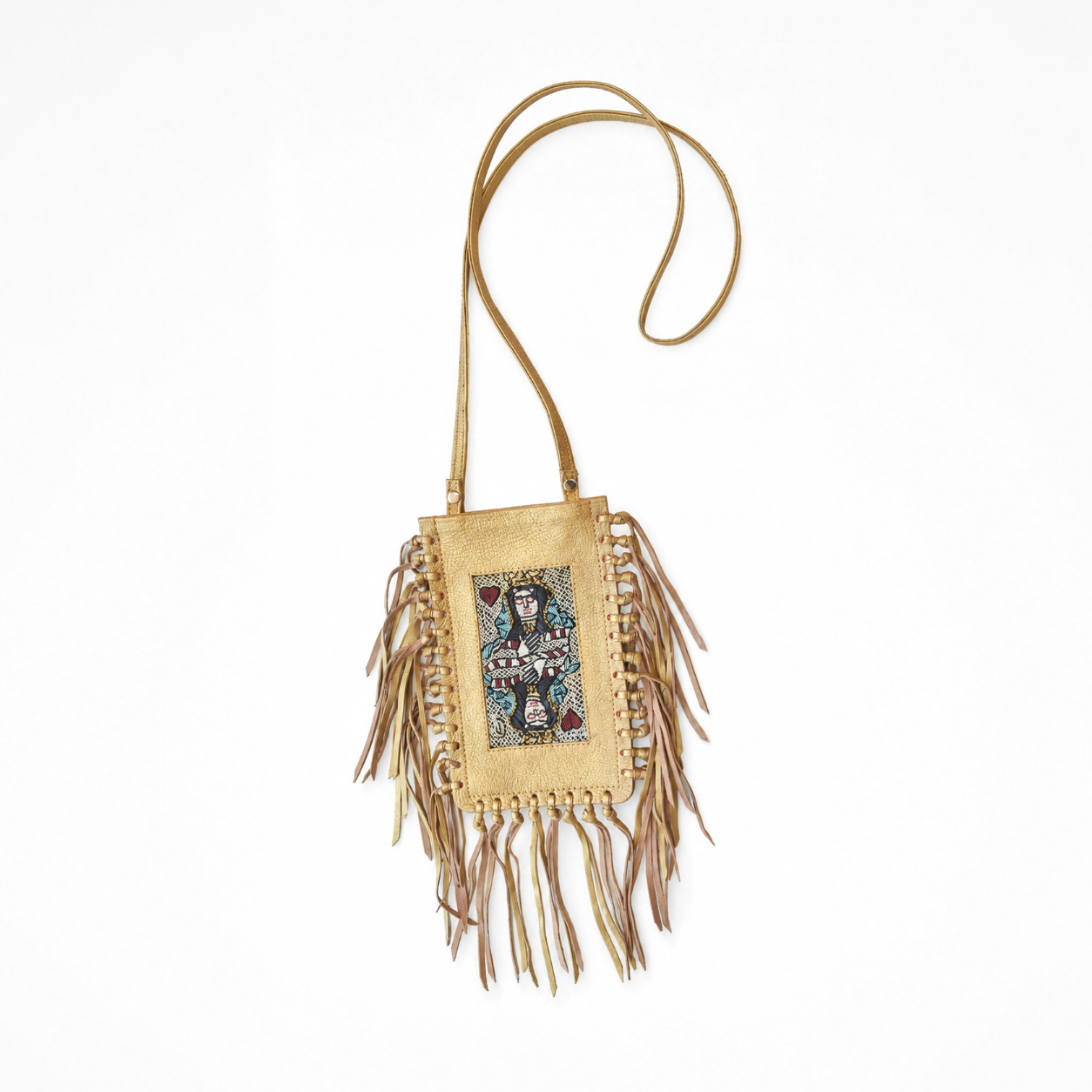 Metallic gold textured leather fringed crossbody bag with embroidered queen playing-card panel and long shoulder strap