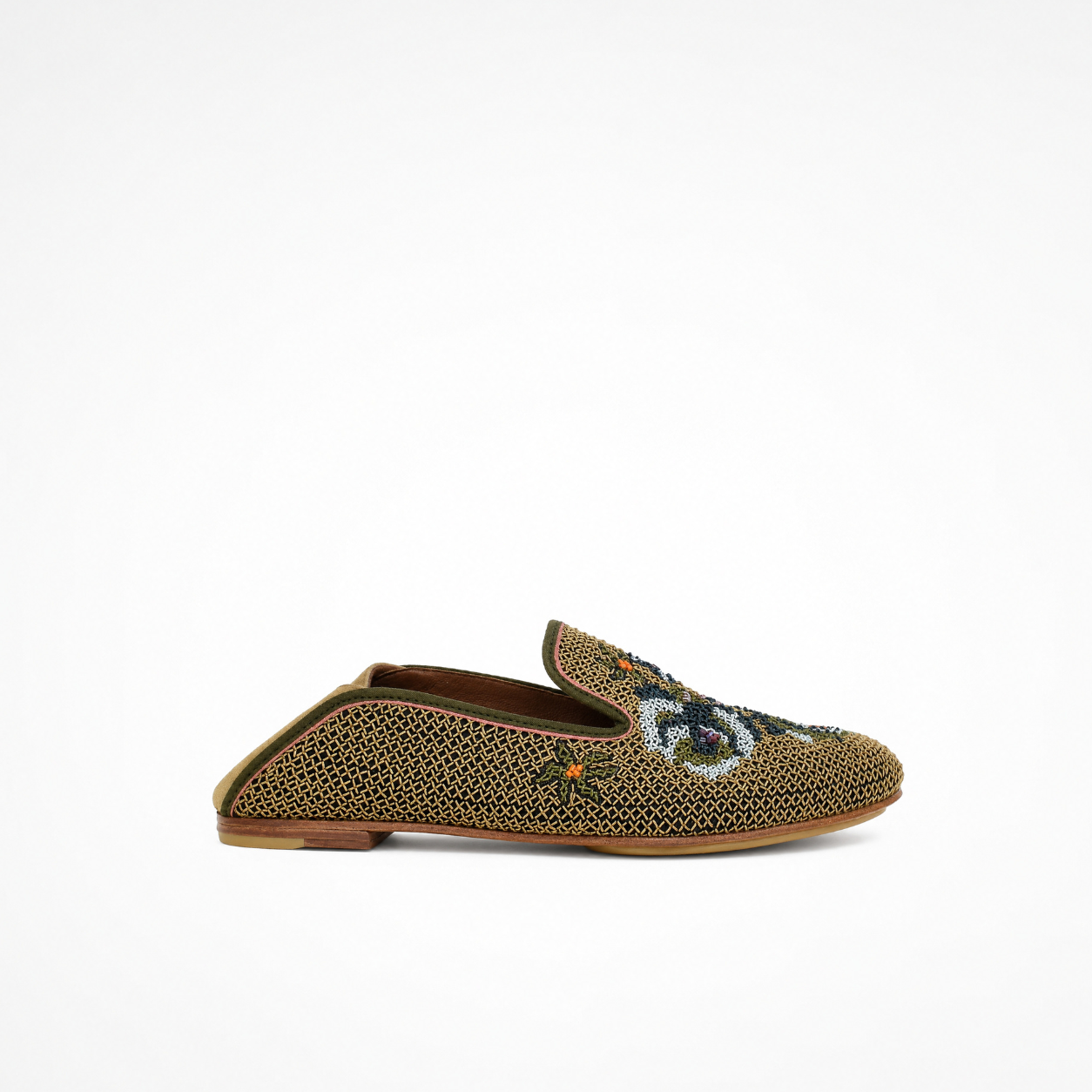 Side view of an olive-gold embroidered Queen Nora Loafer with blue-and-white floral details and pink piping