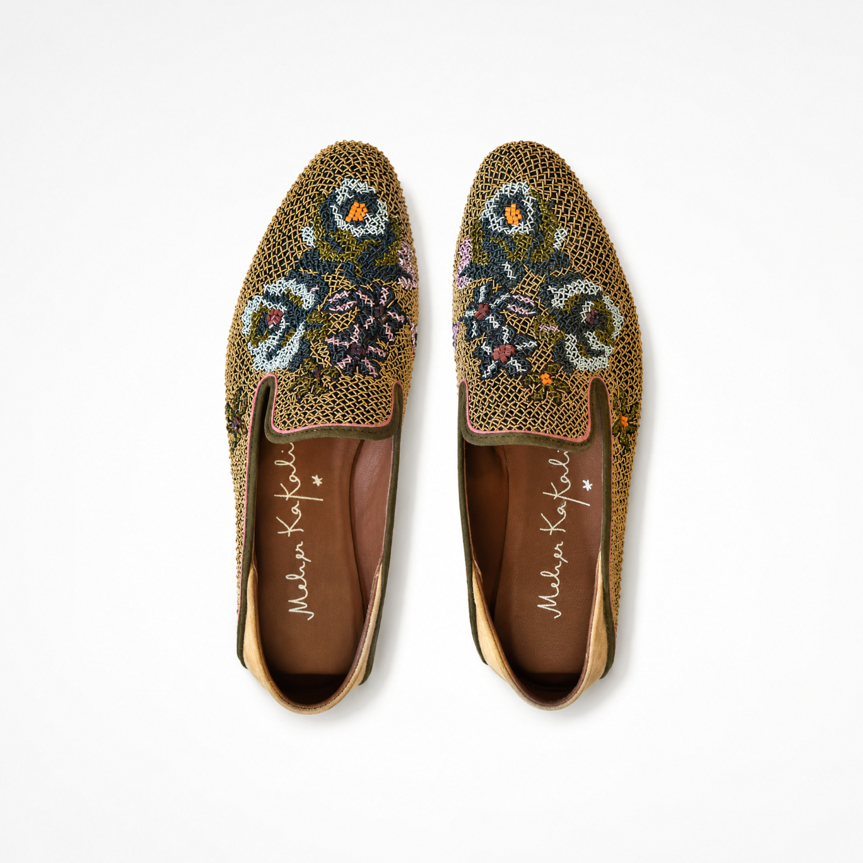 Pair of olive-gold embroidered Queen Nora Loafers showing rounded toes, floral motifs and brown Nappa leather lining