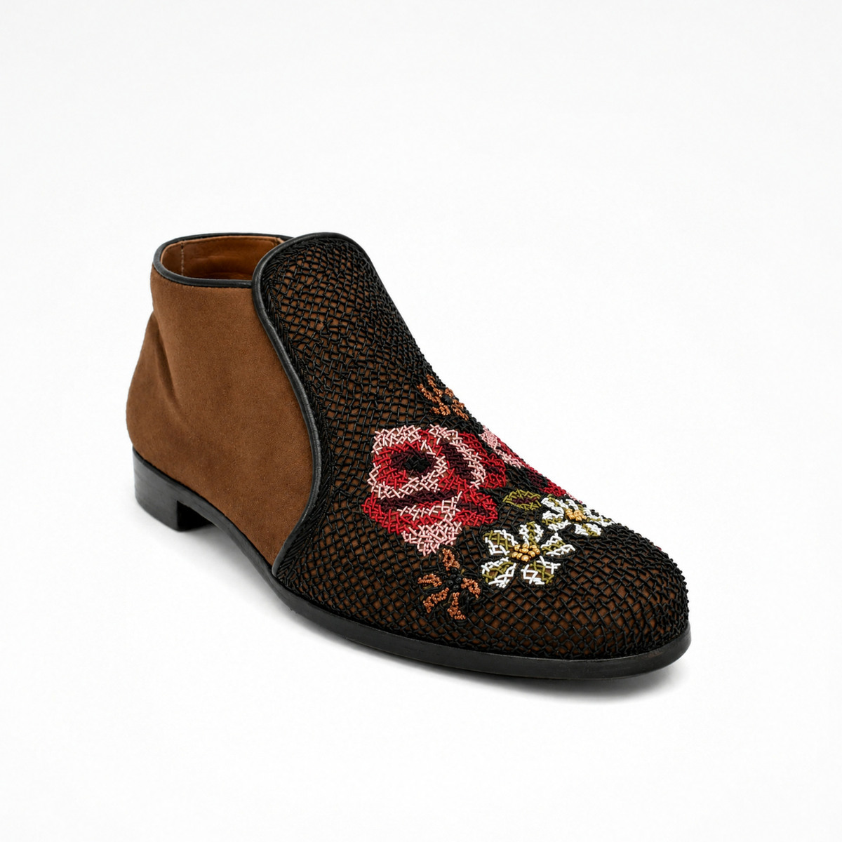 Queen Nora Boot in toffee brown suede, angled view with red and pink floral embroidery and black piping