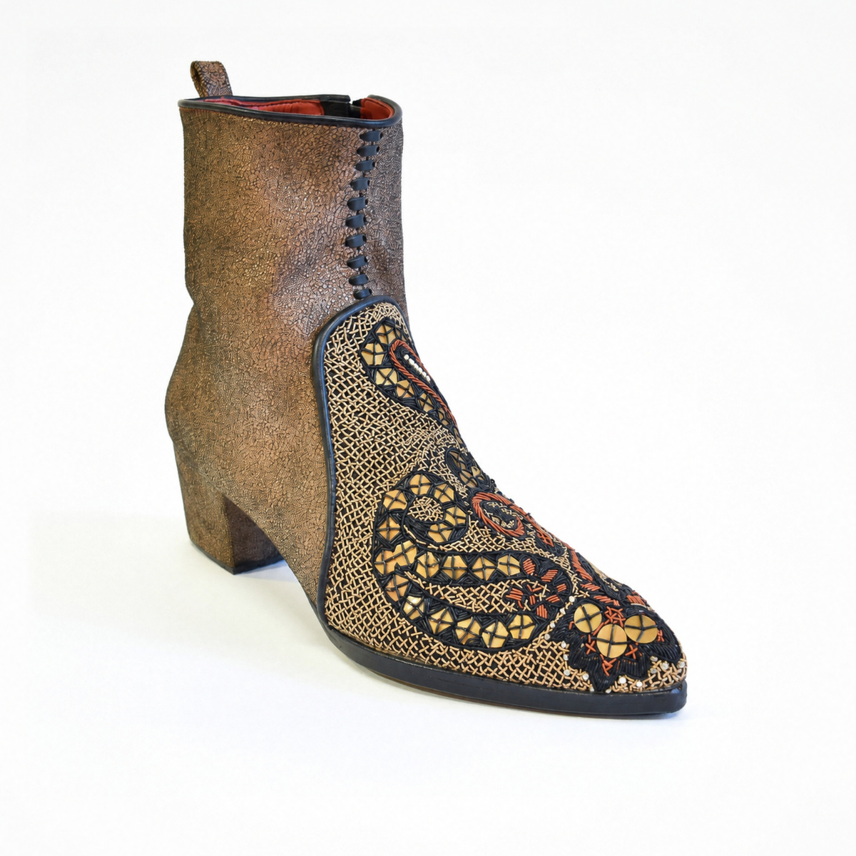 Queen Phyllis Point Heel ankle boot in bronze-brown leather with embroidered front panel and pointed toe