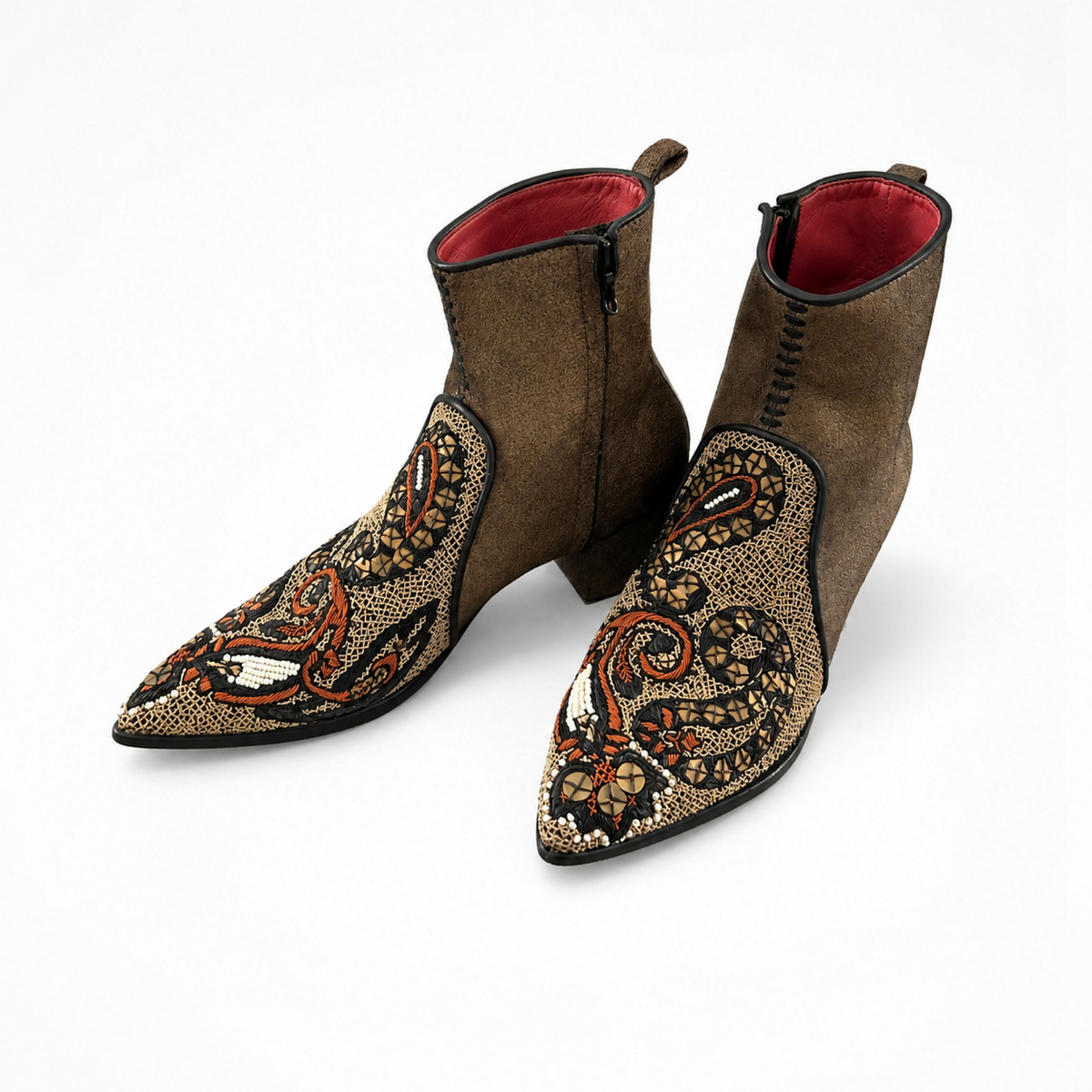 Pair of Queen Phyllis Point Heel ankle boots in bronze-brown leather with embroidered pointed toes and sculpted block heels