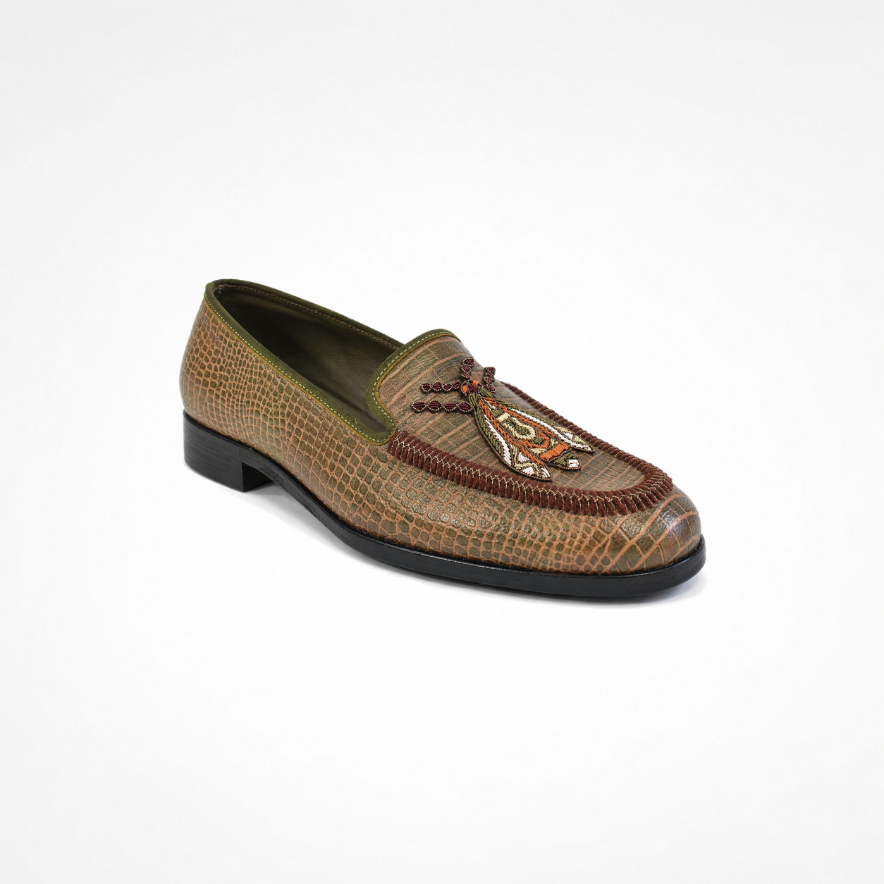 Textured brown-green loafer with embroidered insect motif and beaded vamp border