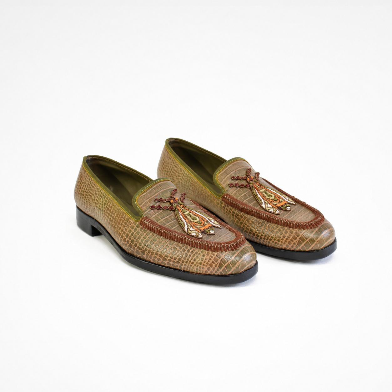 Pair of Rati Loafers in croc-effect camouflage leather with multicolour embroidered insect motifs