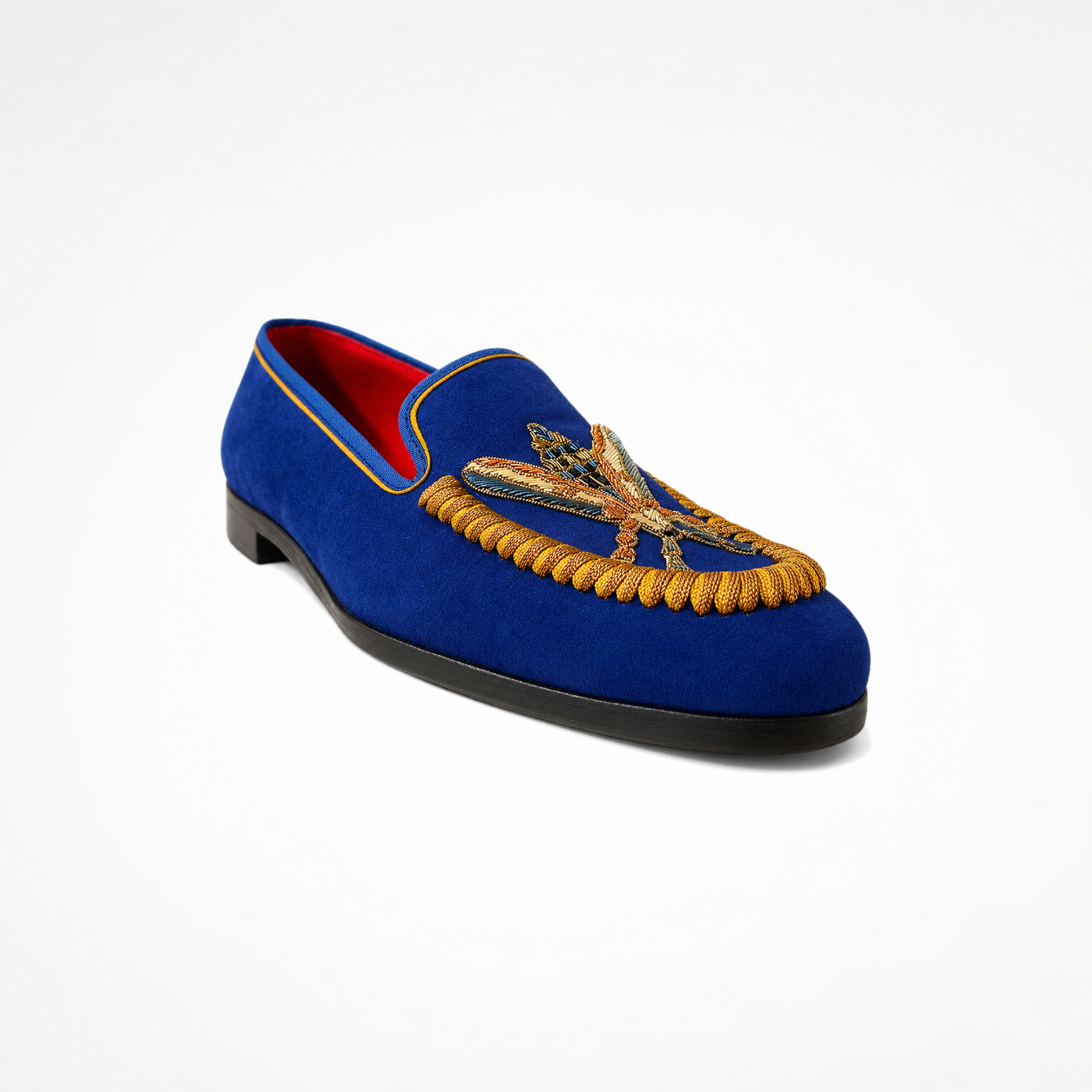 Navy suede loafer with metallic insect embroidery, rounded toe and contrasting red lining
