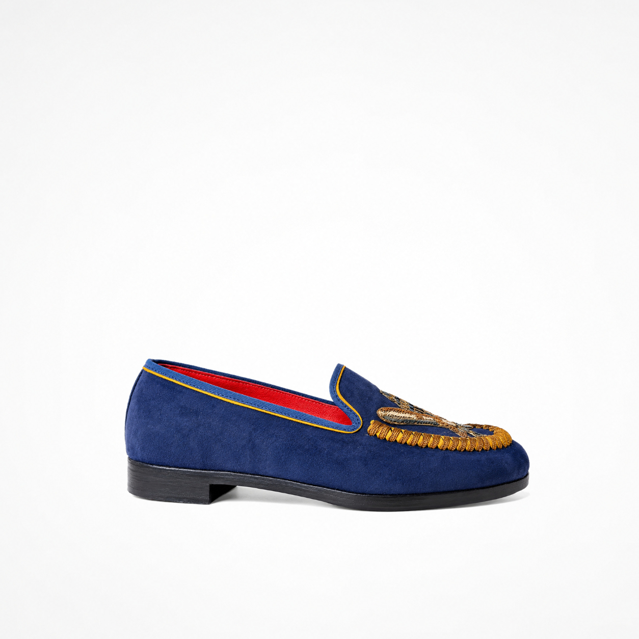 Navy suede slip-on loafer with low heel and gold embroidered vamp
