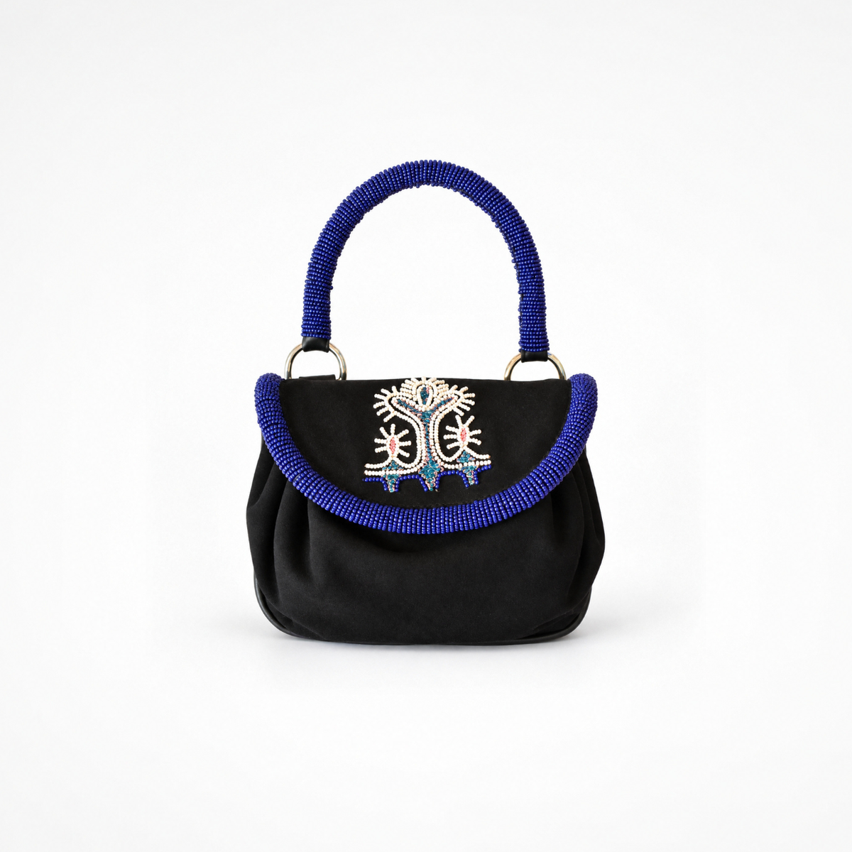 Sahara Accordion Handbag in black suede with cobalt blue beaded top handle, beaded trim and embroidered flap motif
