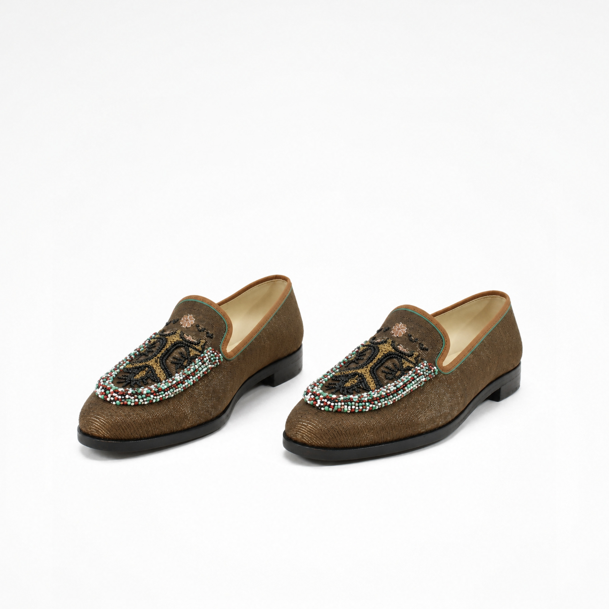 Pair of Sahara Loafers in bronze-charcoal leather with multicolour beaded embroidered vamps
