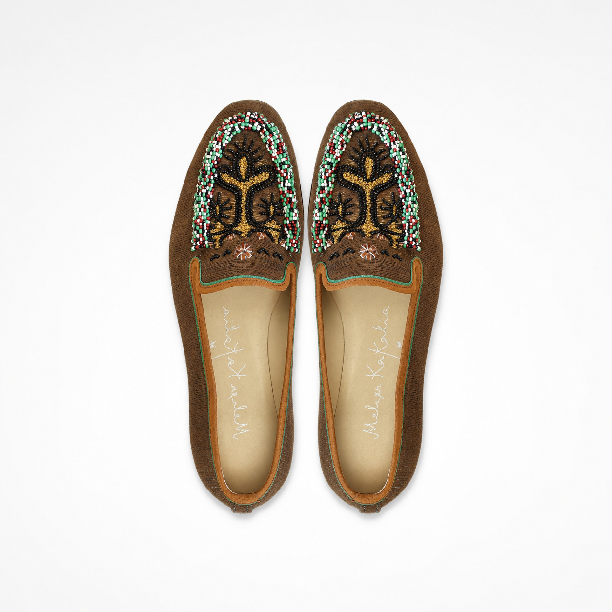 Pair of bronze-charcoal loafers showing multicolour beadwork and embroidered vamps