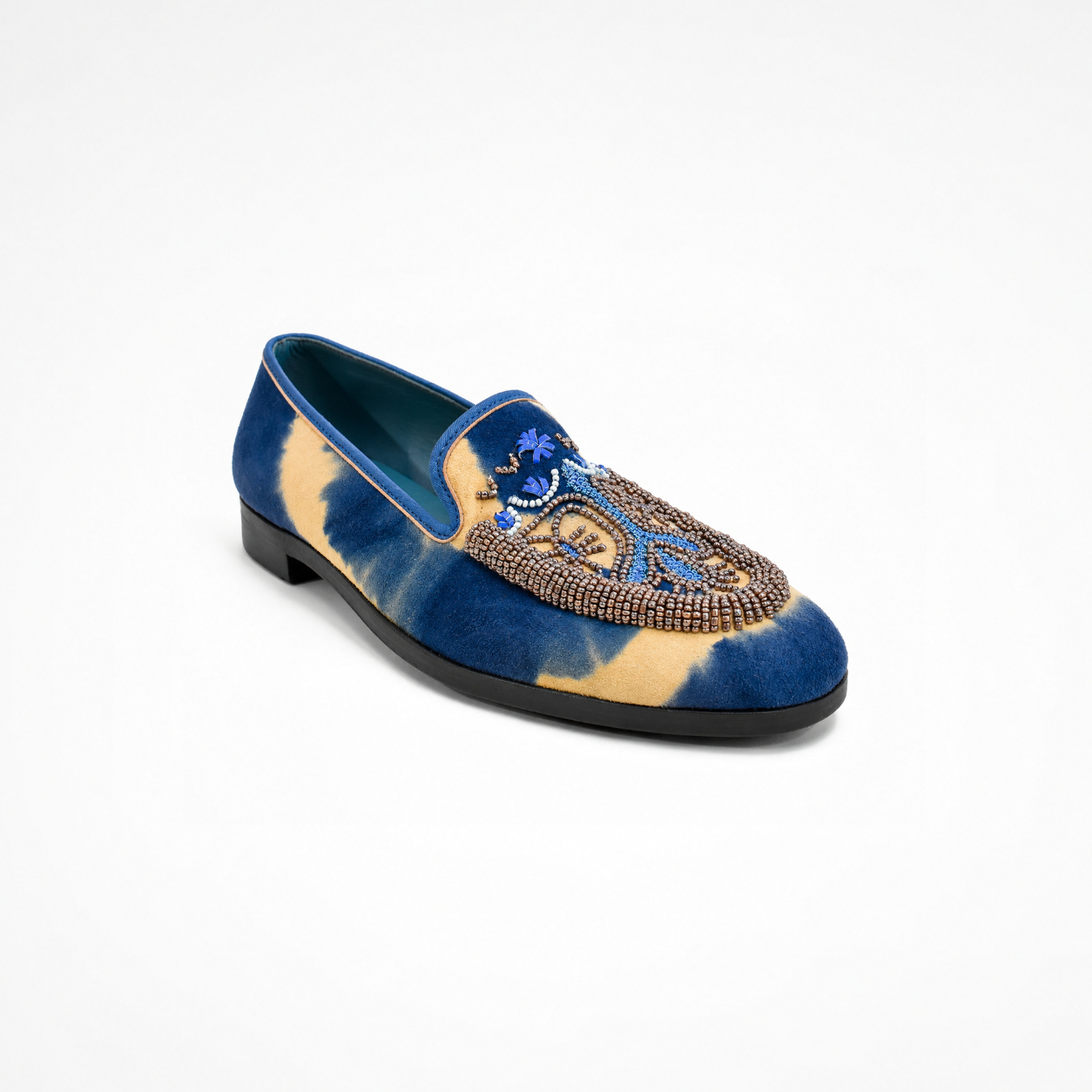 Blue and beige tie-dye suede loafer with beaded embroidery and rounded toe