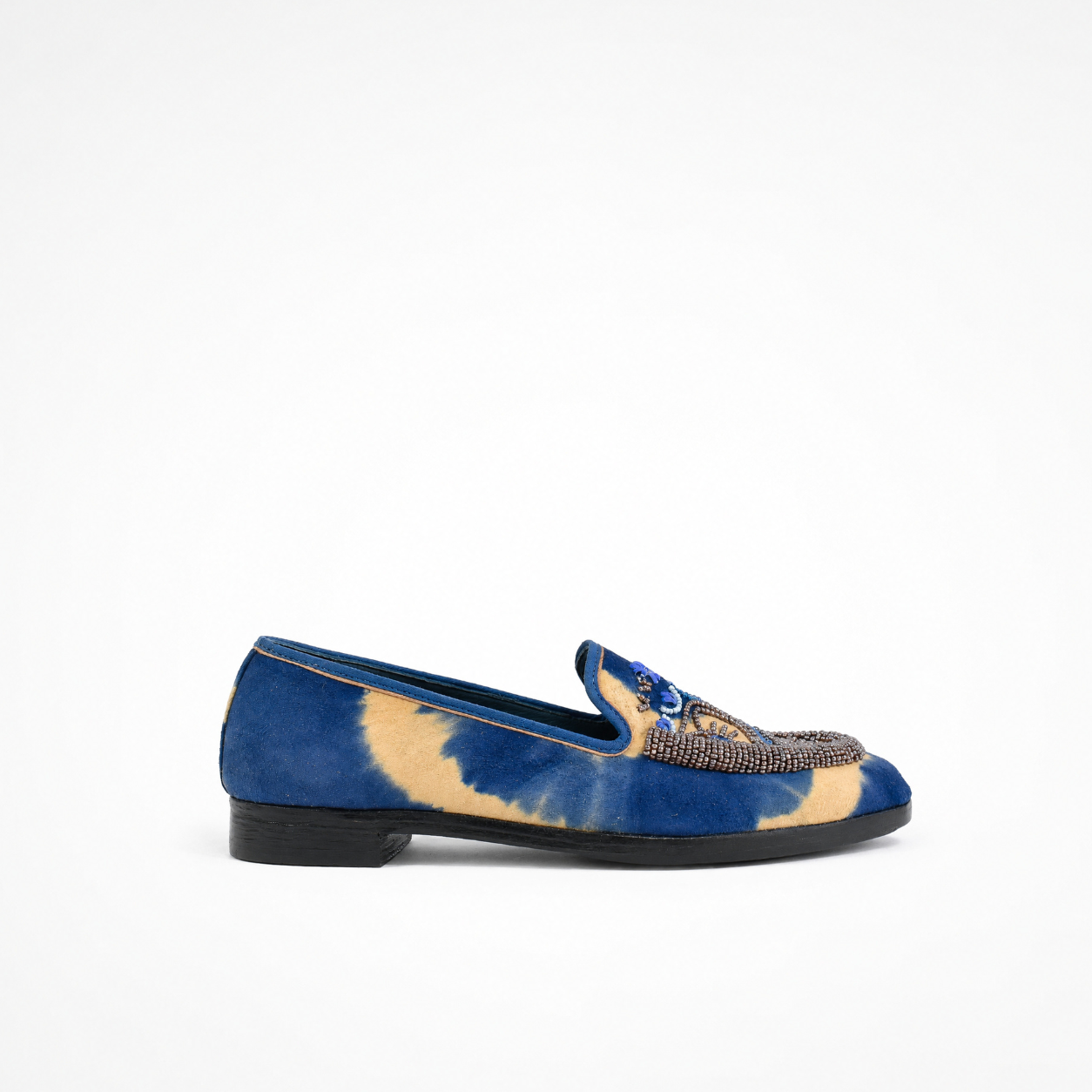 Tie-dye suede loafer in blue and beige with low heel and embellished vamp