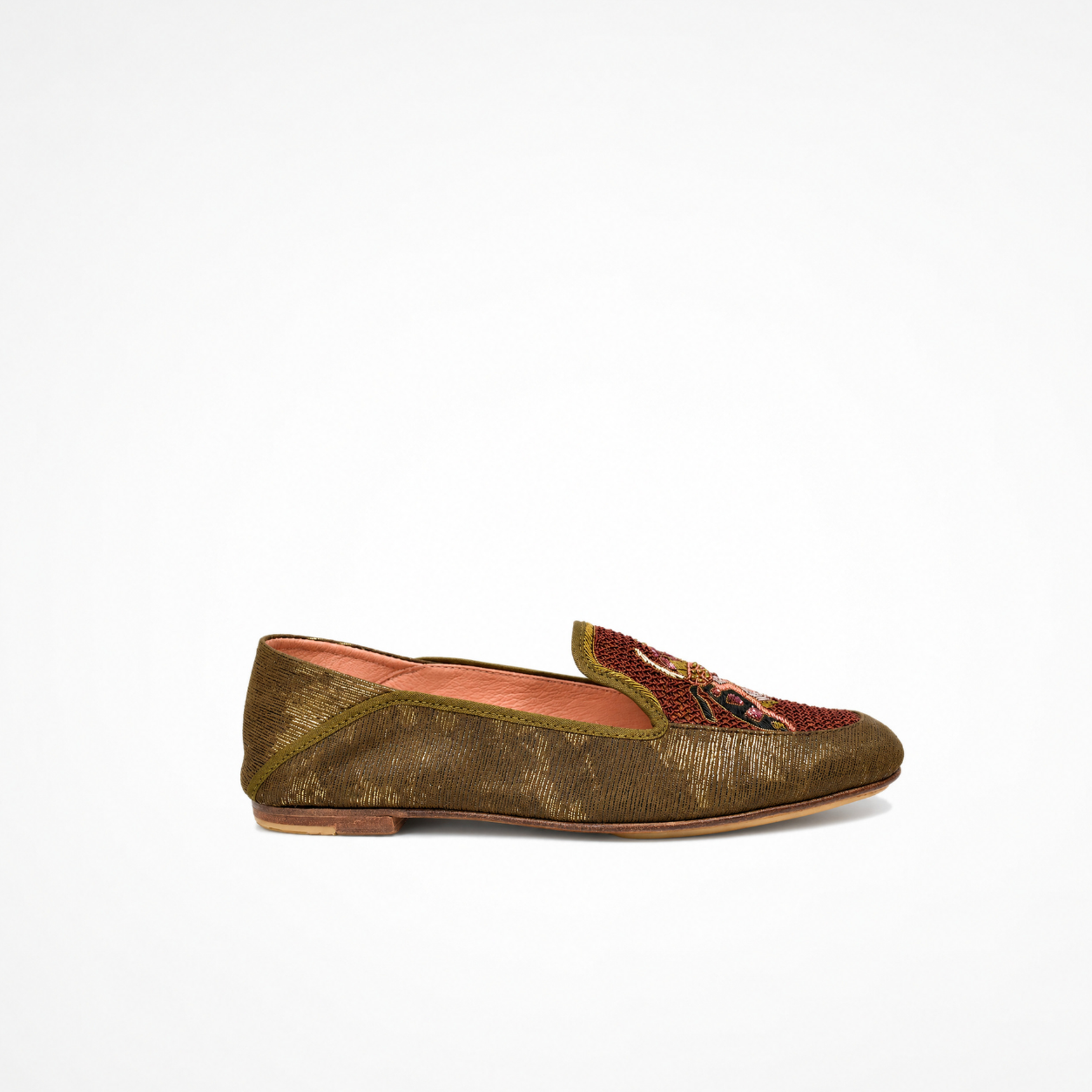 Side view of the olive-brown textured leather SELENE Loafer with the heel upright