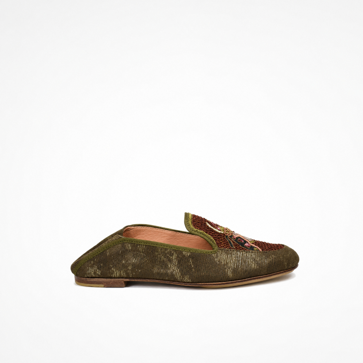 Side view of the olive-brown textured leather SELENE Loafer with the heel folded down