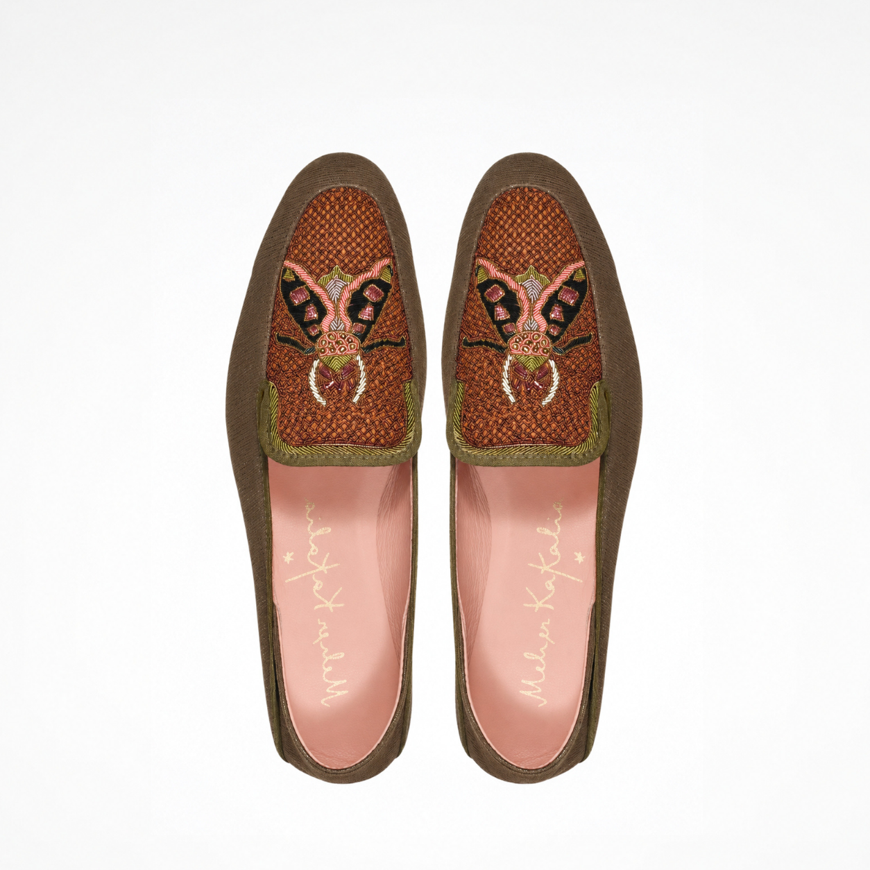 Top view of a pair of olive-brown textured leather SELENE Loafers with hand-embroidered beetle motifs