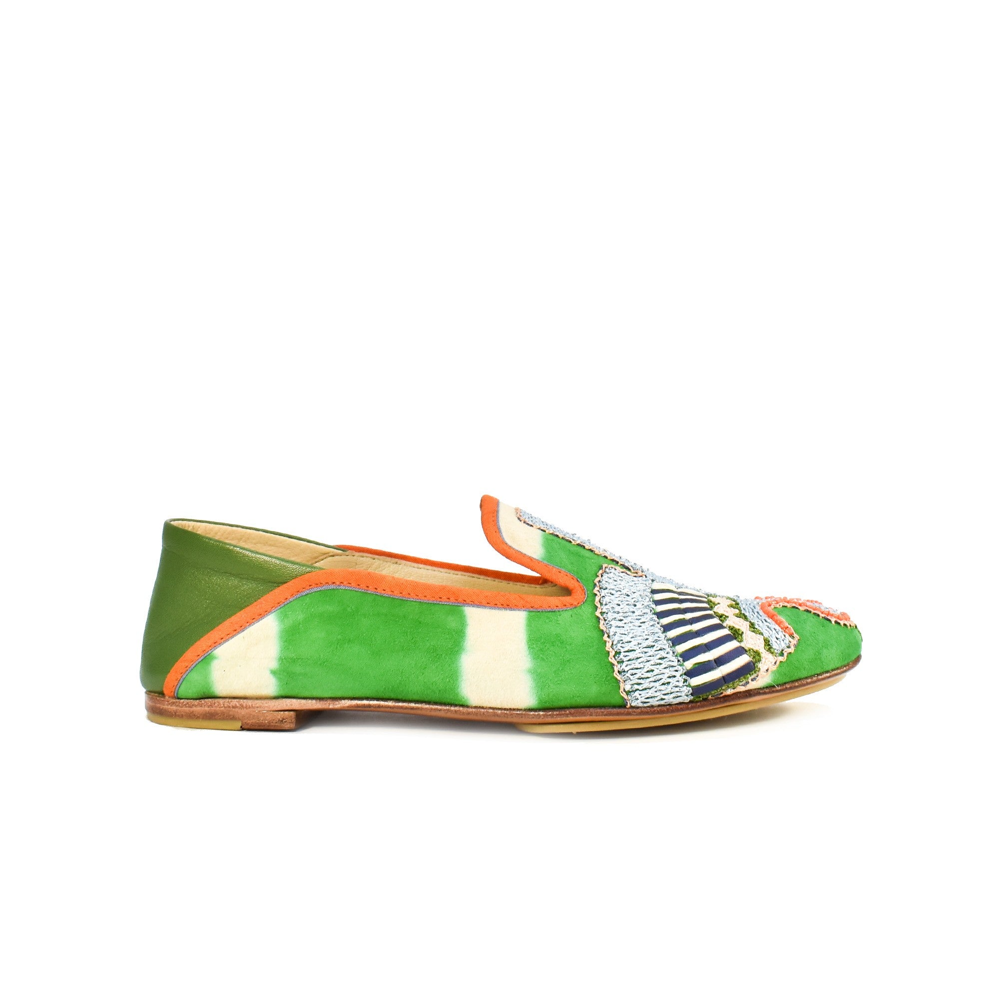 Luxurious green suede moccasins, handmade with eco-friendly embroidery, perfect for summer and casual style.