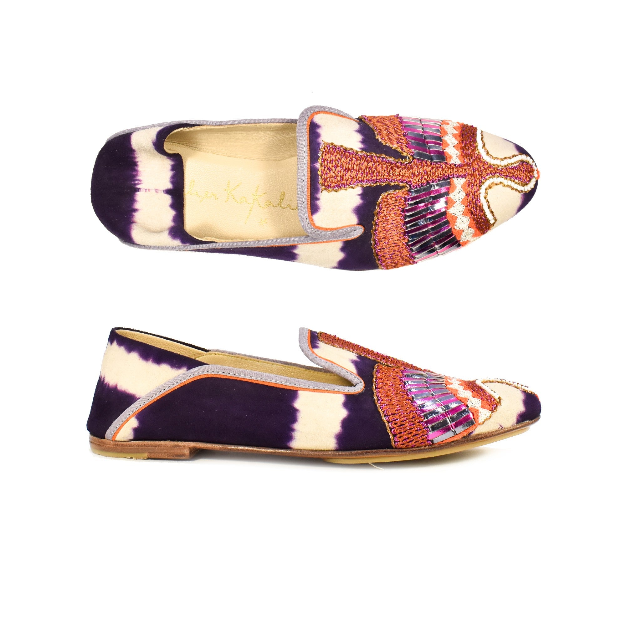 Sustainable Moccasins in purple tie-dye suede with luxurious silk and sparkling thread embroidery. Eco-friendly footwear.