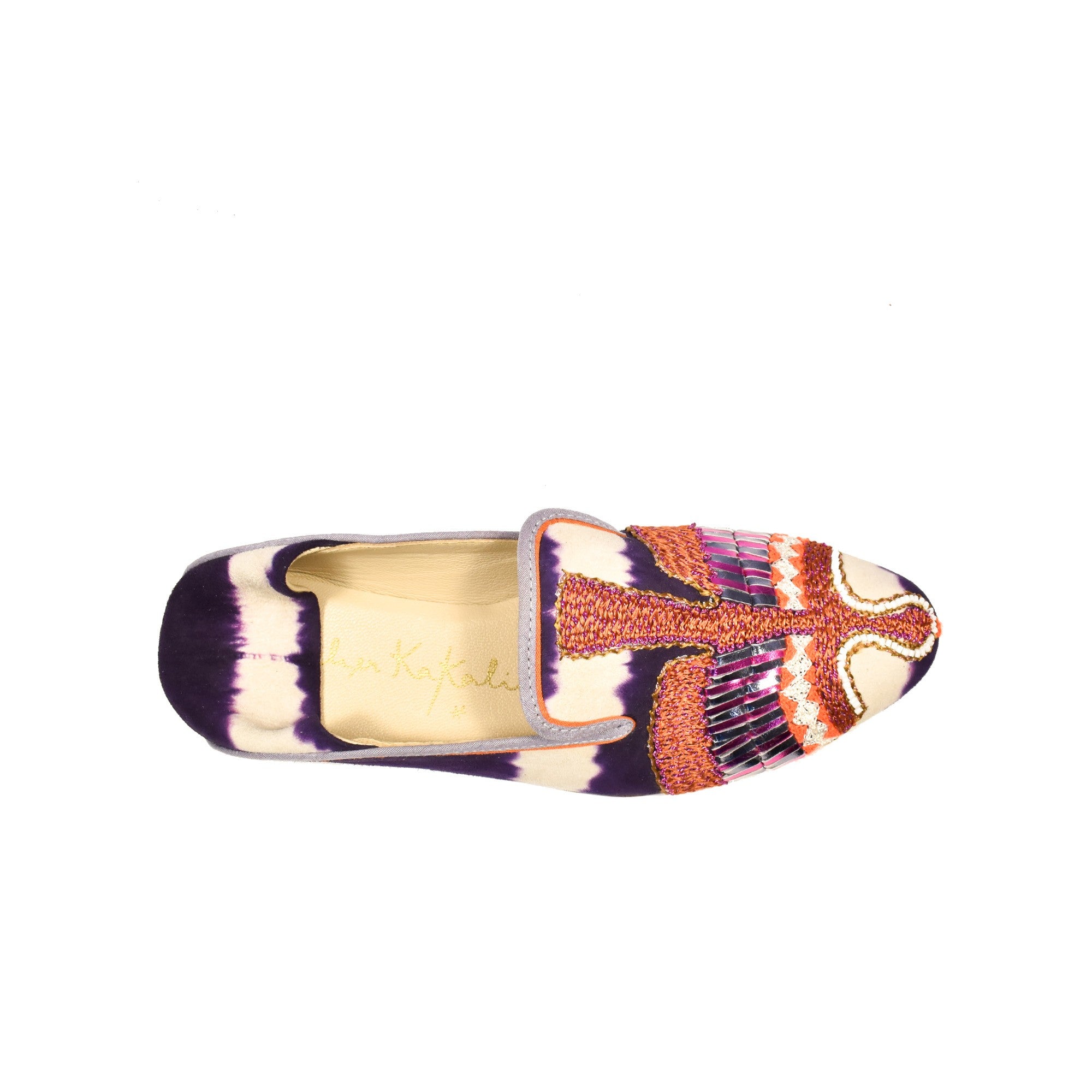 Eco-friendly luxury moccasins, hand-embroidered in tie-dye purple suede. Perfect for summer wear and comfortable home fashion.