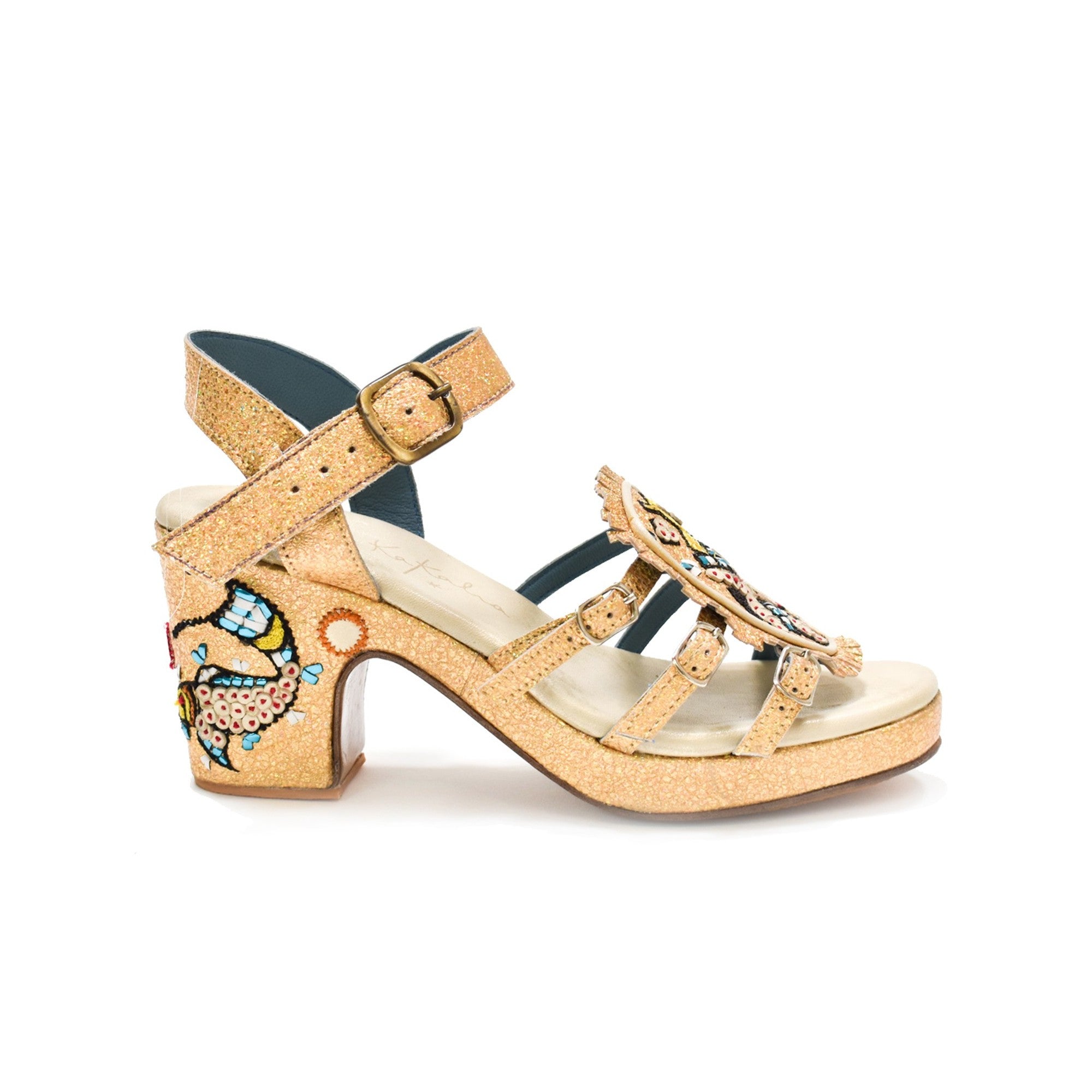 APO GOLD HOPPER splash gold by Meher Kakalia – gold sandal with APO embroidery and stylised fish motif on the heel