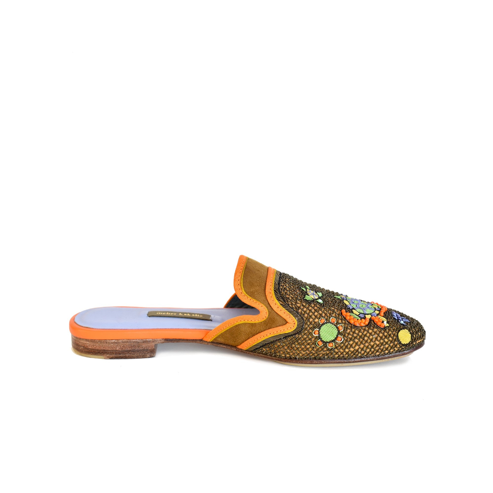 Eco leather Darwin Slippers by Meher Kakalia. Turtle embroidered slippers for the beach or resort wear.
