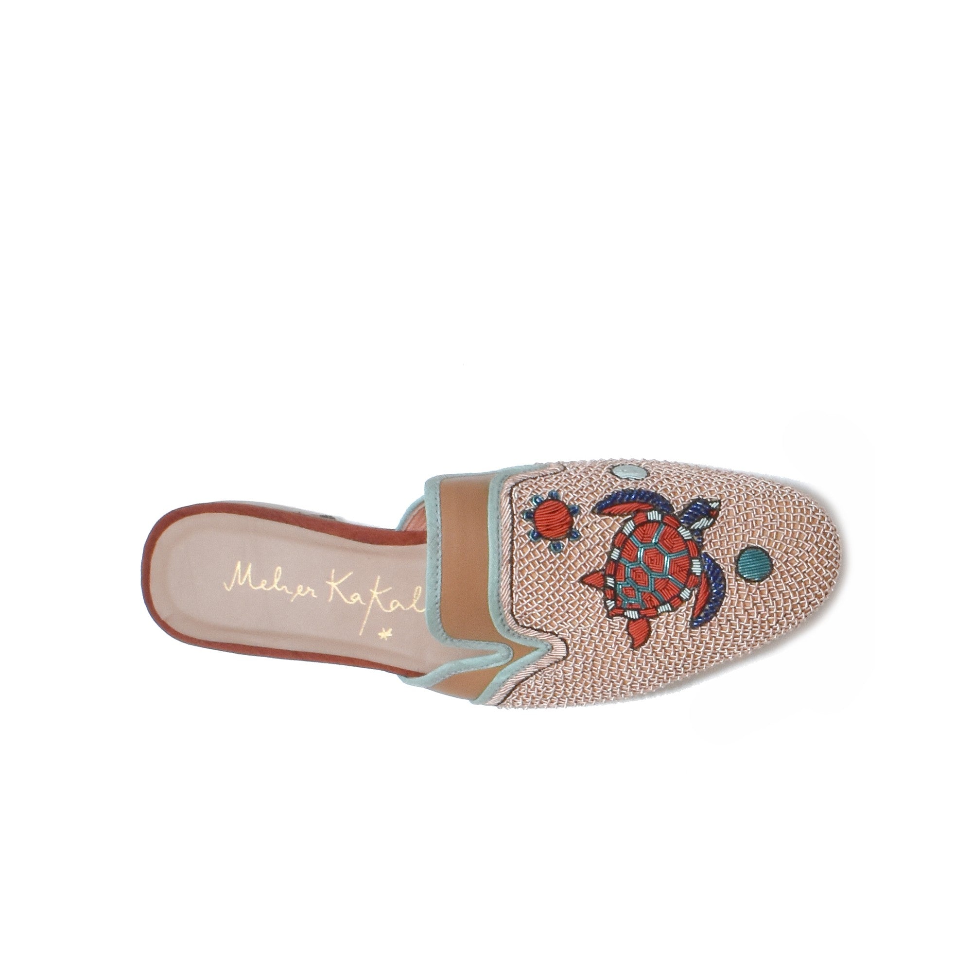 Luxury Darwin Slipper Camel Peach, Hand-embroidered, Sustainable Flats with Unique Turtle Design