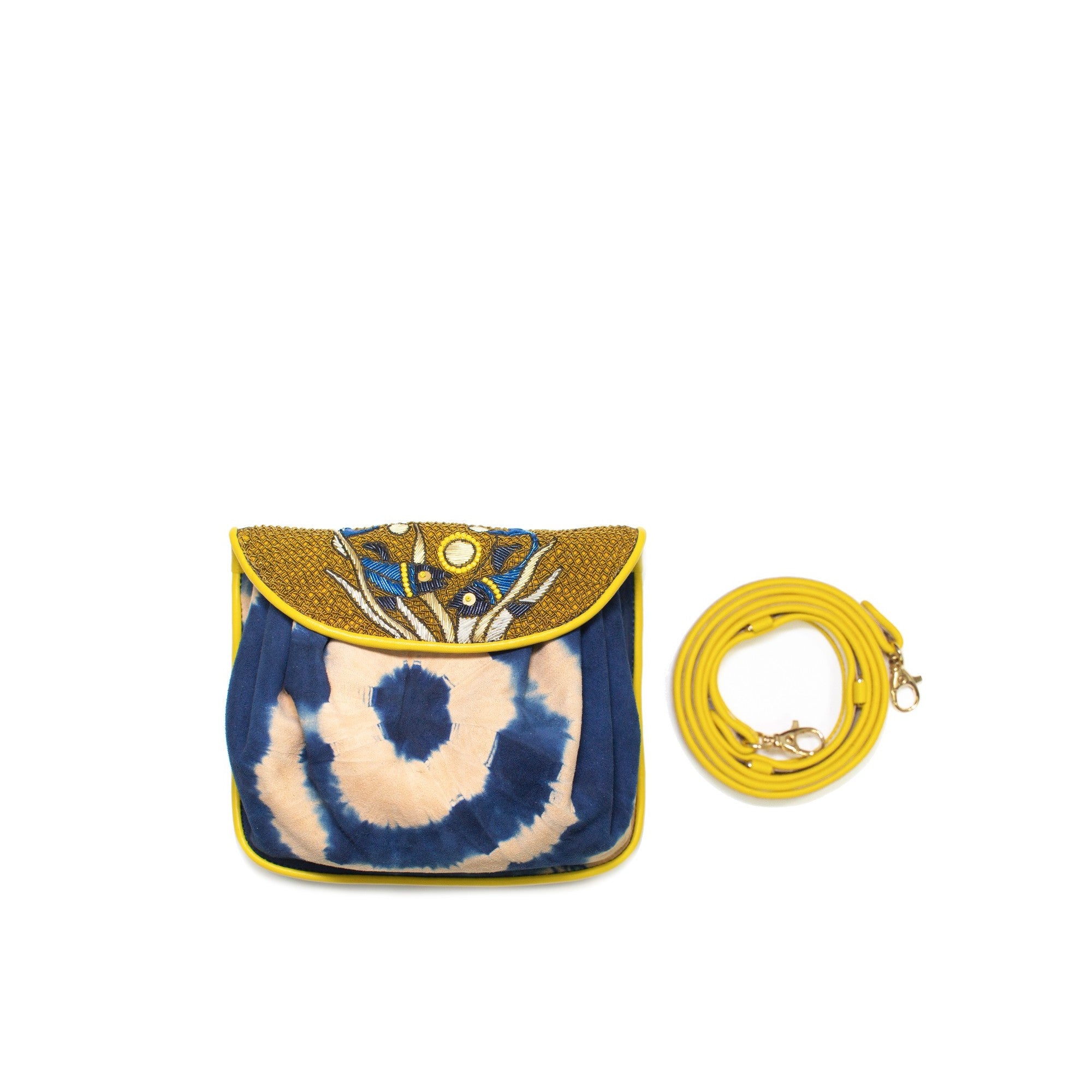 Meher Kakalia mini suede bag with tie-dye details and hand-embroidered fish motif, designed for versatile styling.