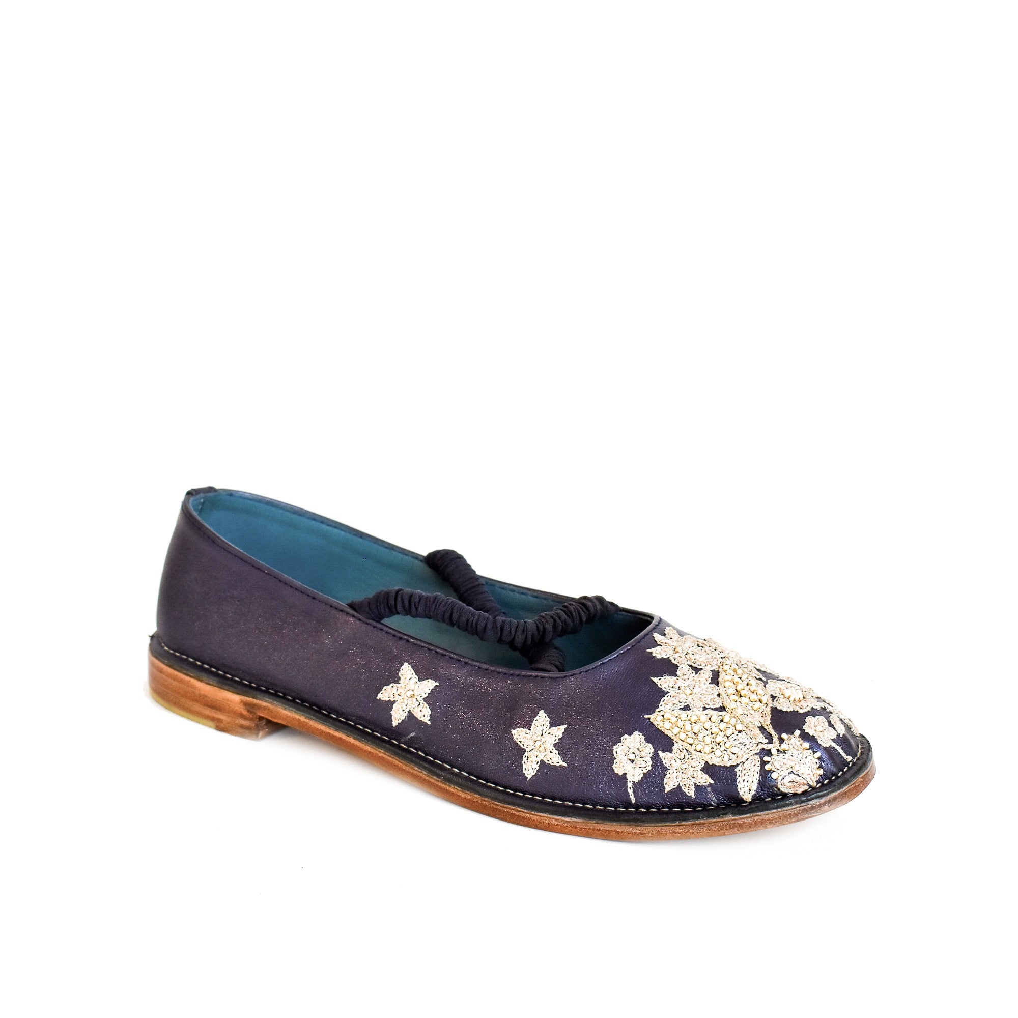 Elegant navy JULIETTA FLAT , hand-embroidered with eco-friendly leather and unique designs.