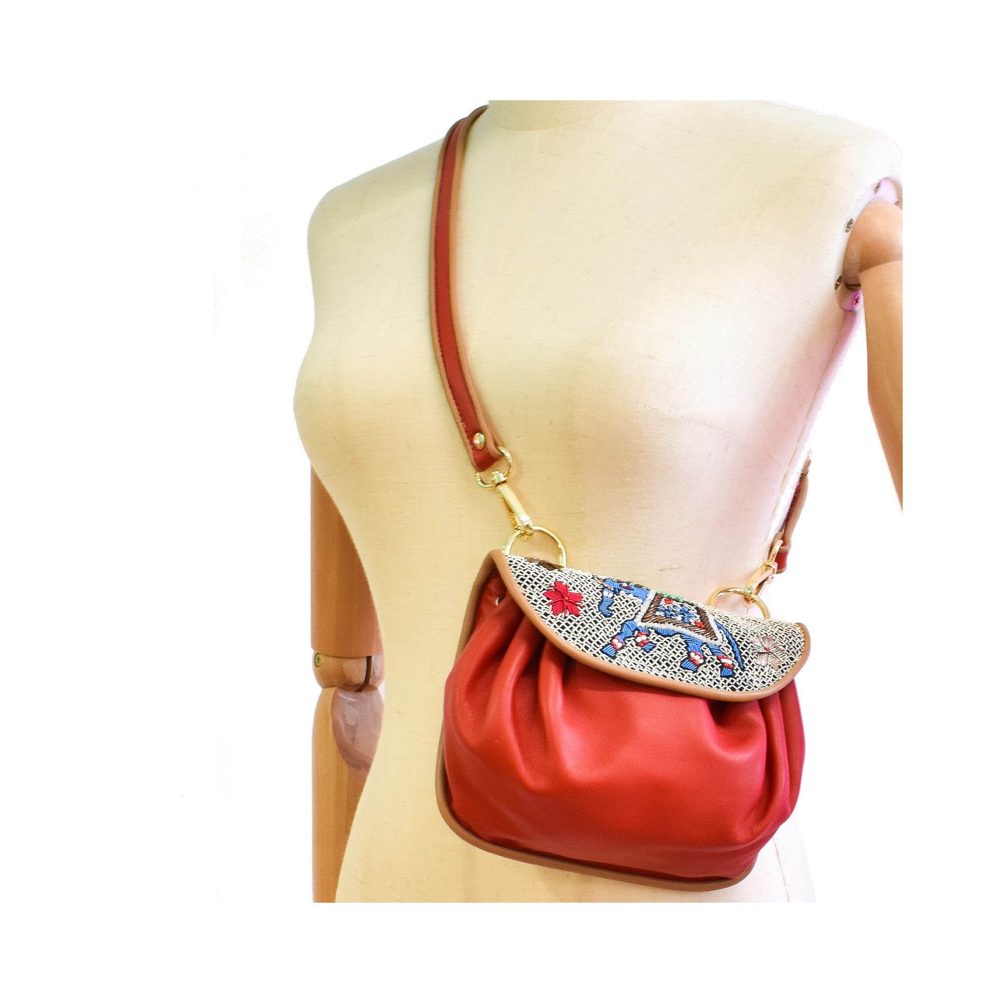 Meher Kakalia KIPLING ACCORDION BAG red-milk embroidered leather crossbody bag.