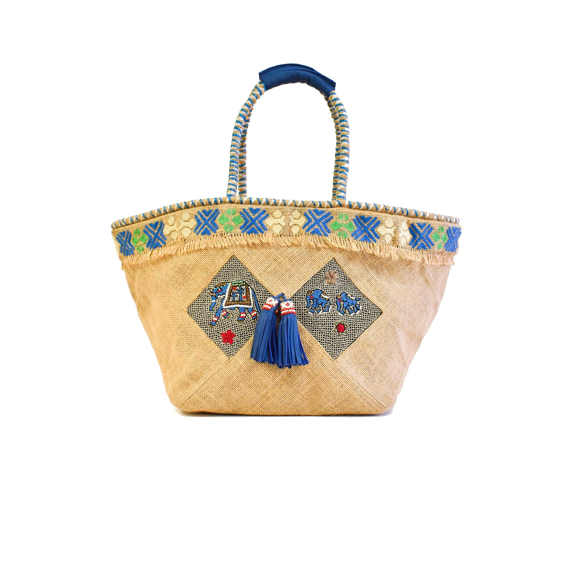 Large jute tote bag by Meher Kakalia with blue elephant embroidery and tassels