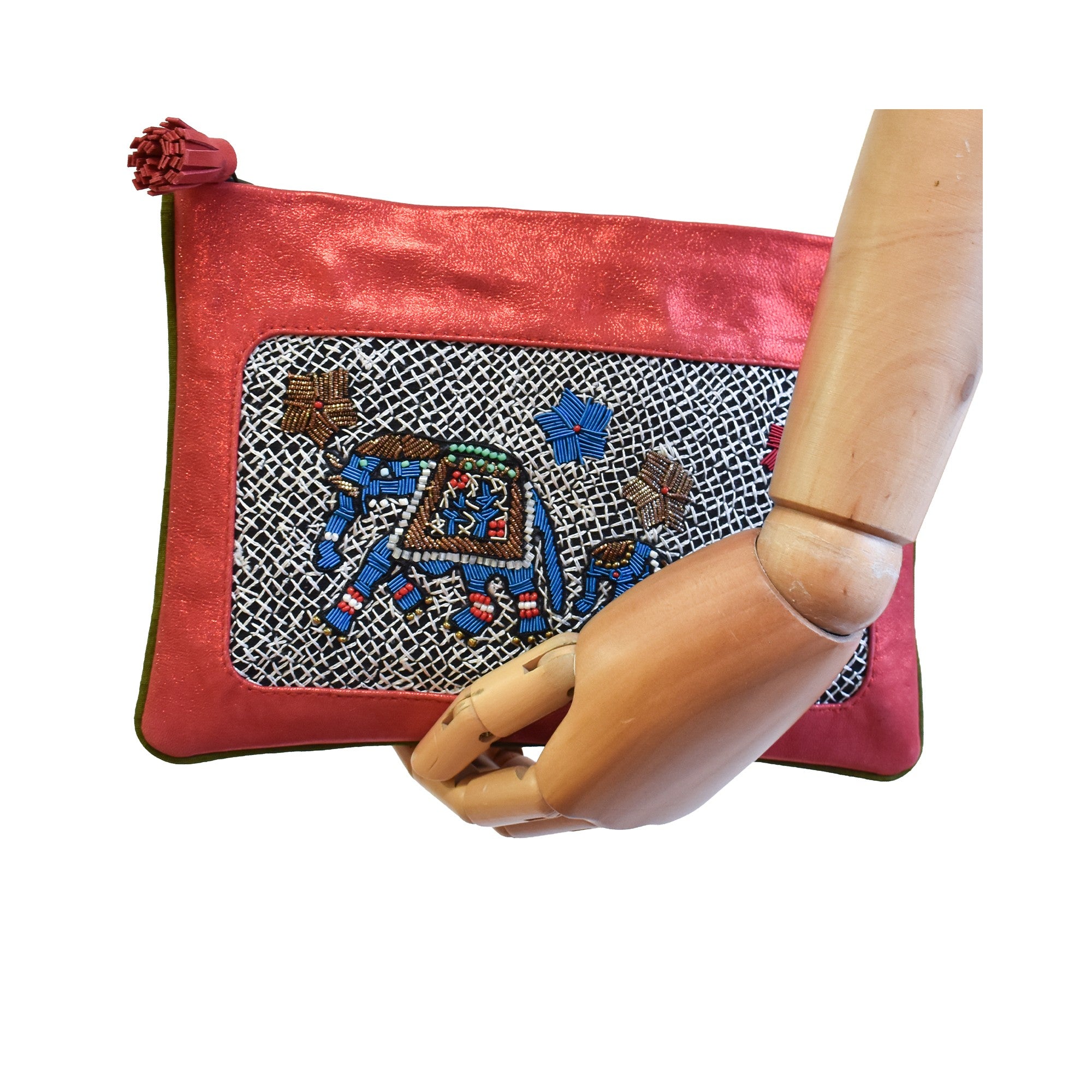 Coral elephant-embroidery pochette made from small leather stock, styled