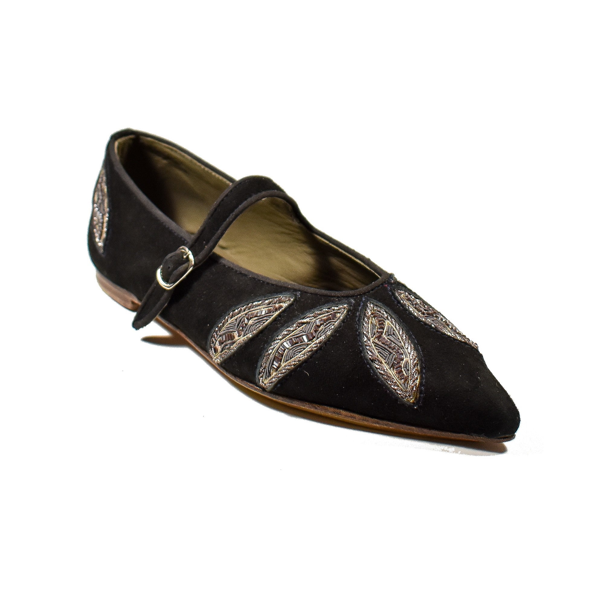 LULU POINT by Meher Kakalia – pointed Mary Jane flat in suede with metallic coil leaf embroidery
