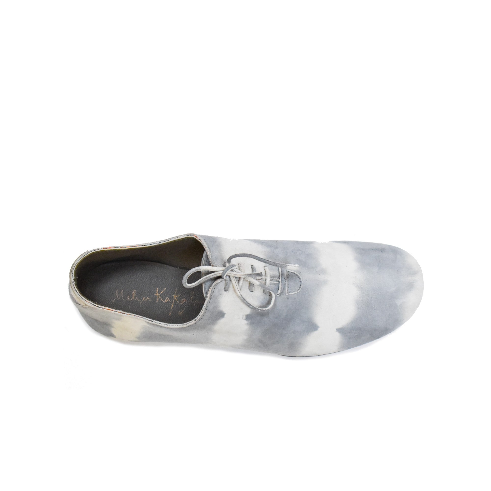 Men’s grey leather tie-dye oxford, top view