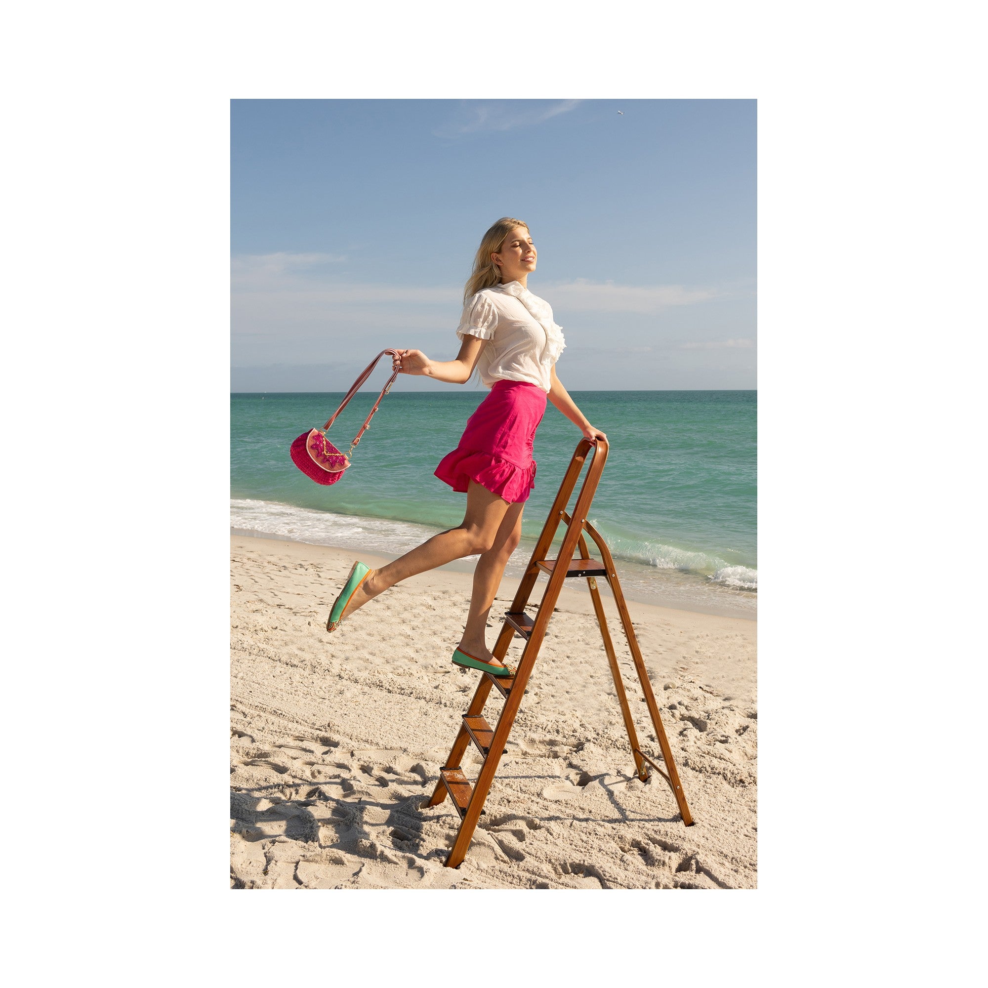 Meher Kakalia Mini Bag in faded rose with pink crochet. Handmade, lightweight, and perfect for vacation or everyday wear.