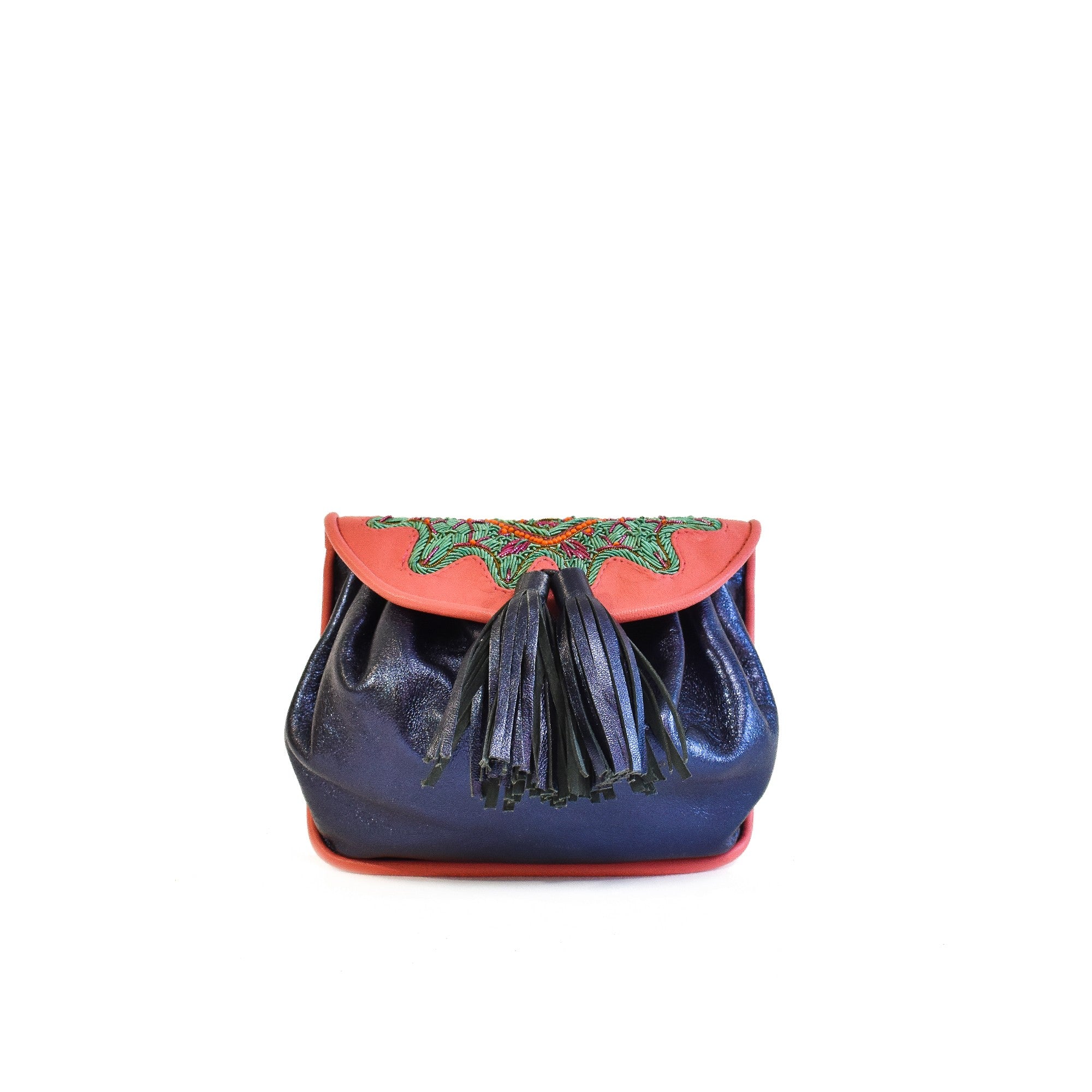 Small embroidered leather shoulder bag in blue and pink with tassel detail.