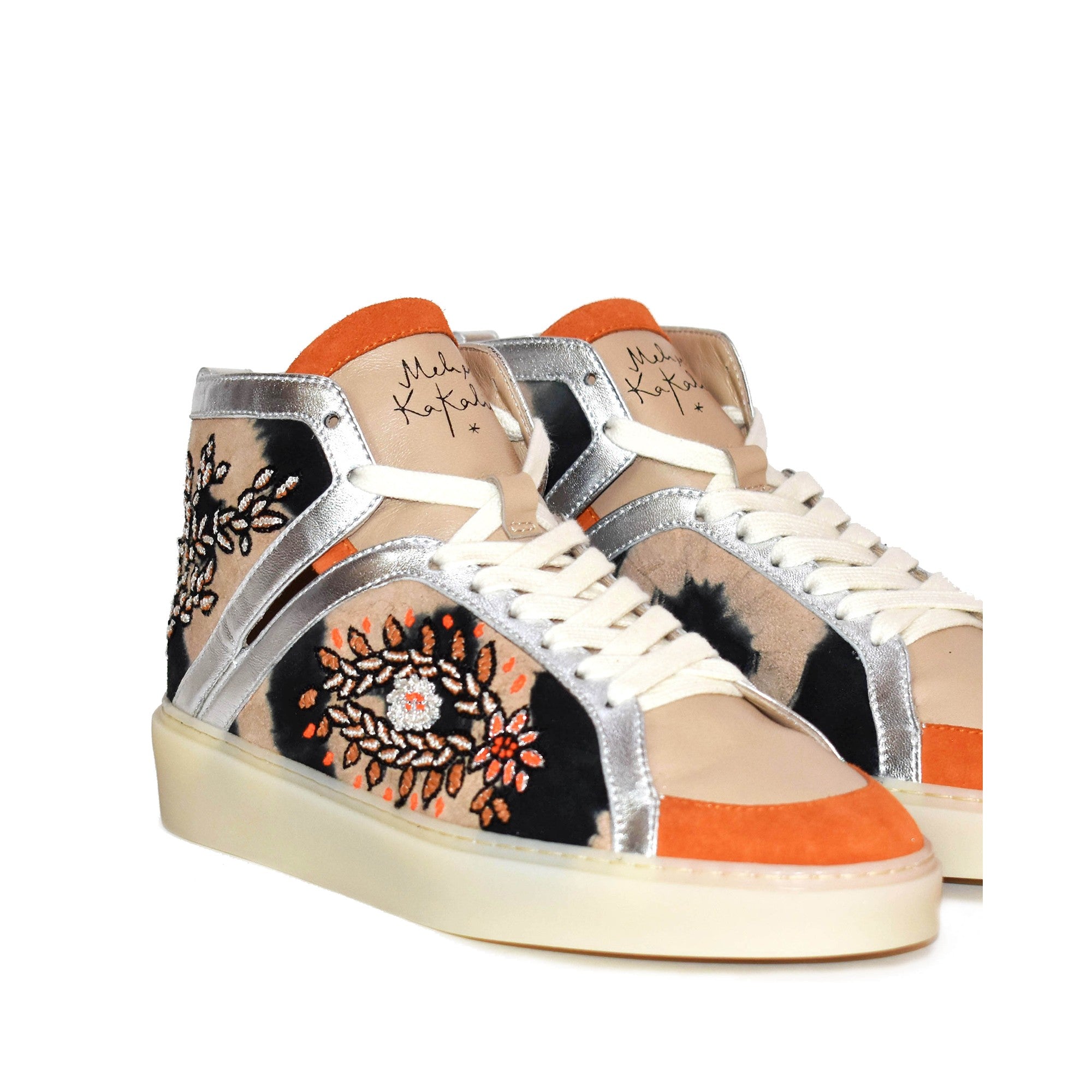 Three-quarter view: Nereus embroidered high-top sneaker in nappa and suede