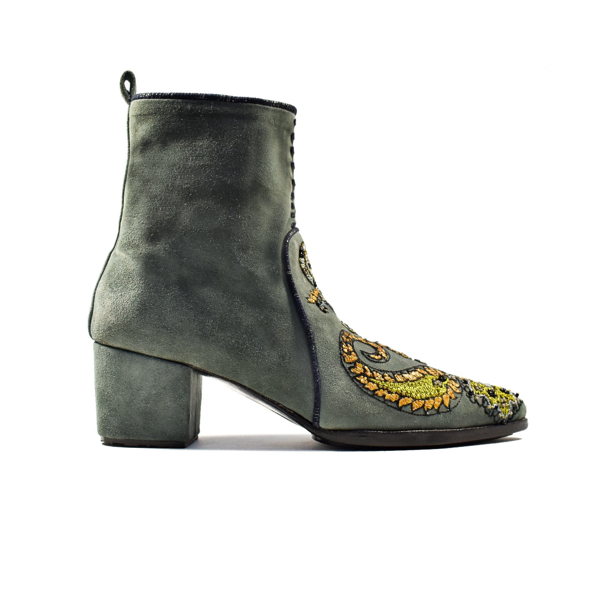 Boho embroidered suede boots with paisley design and block heel, perfect for chic parties, weddings, and stylish casual looks.