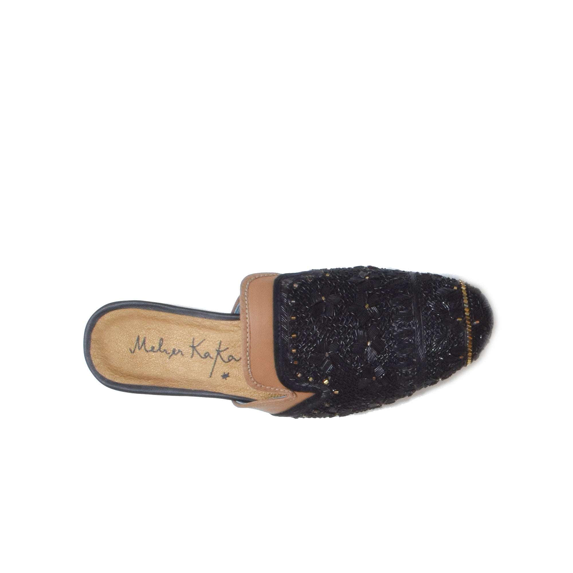 Hand-embroidered black and gold slippers by Meher Kakalia – top down view