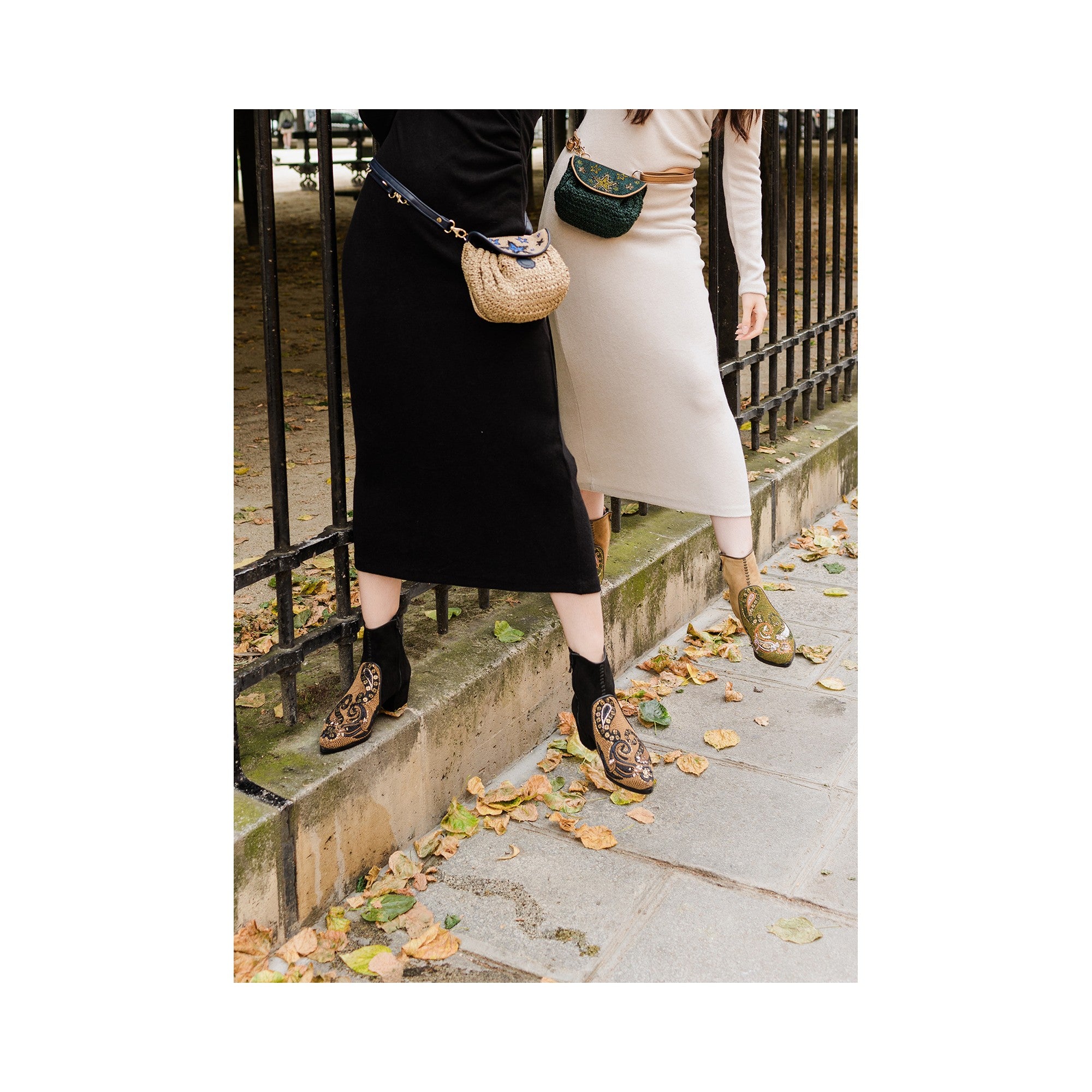 Model shot – Queen Phyllis black suede boots styled with midi dresses
