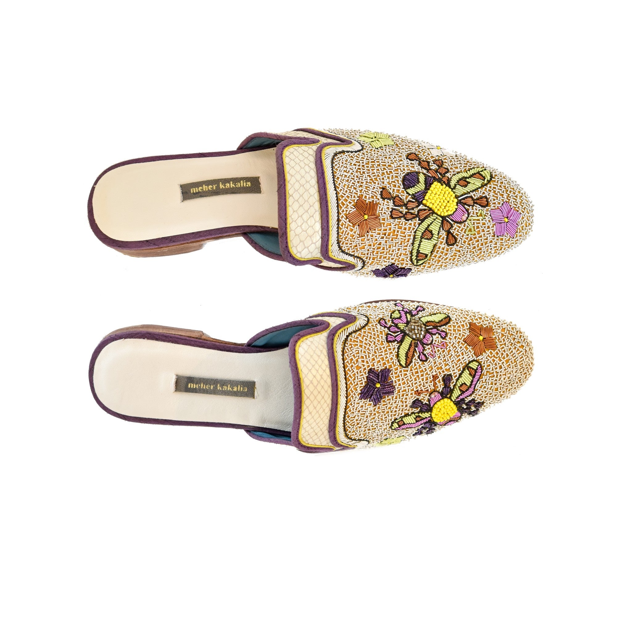Meher Kakalia Potnia Slipper with bee and floral embroidery. Sustainable handmade mule with eco-friendly materials.