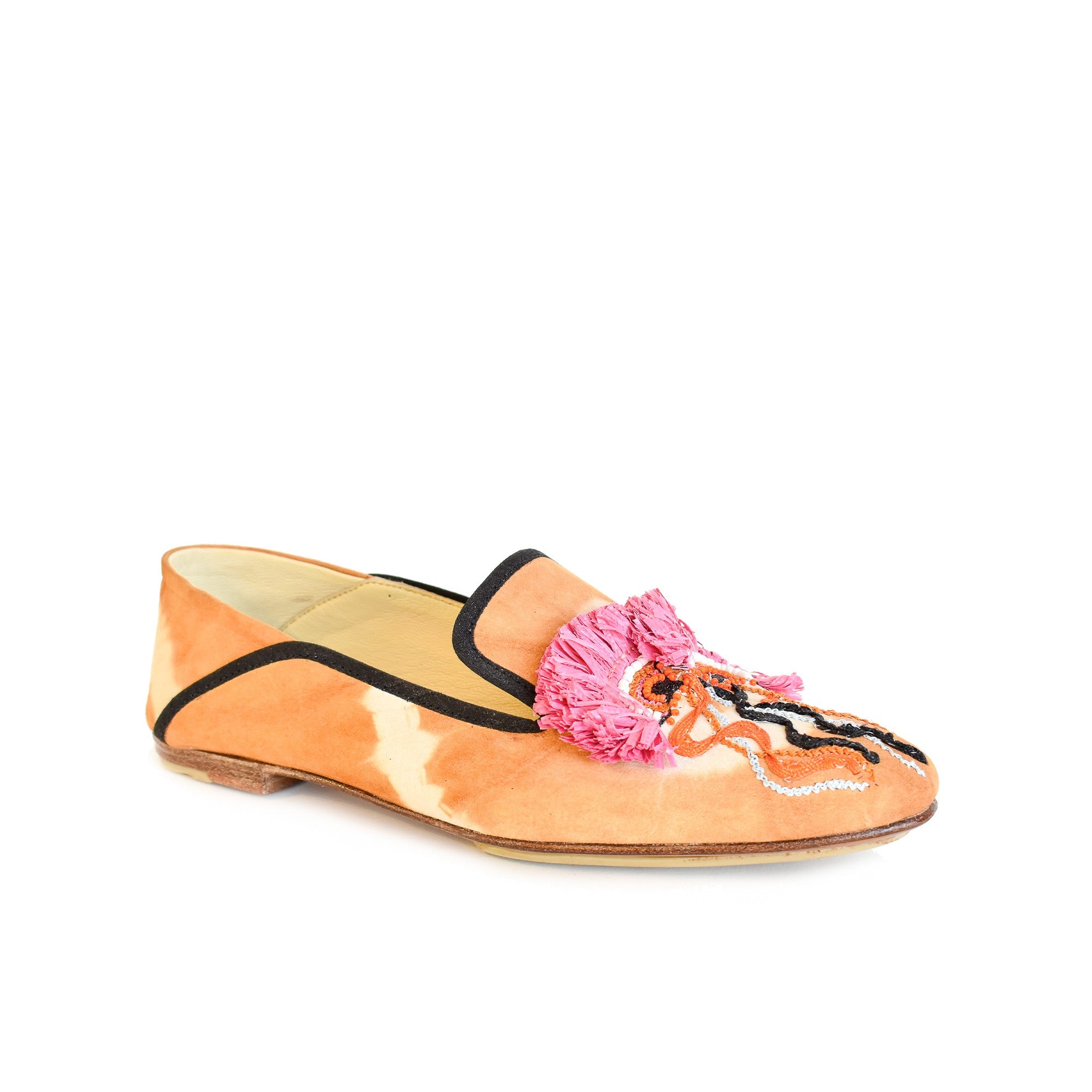 Luxury moccasins with tie-dye suede and hand-embroidered Raffia. Unique design, perfect for spring and summer.