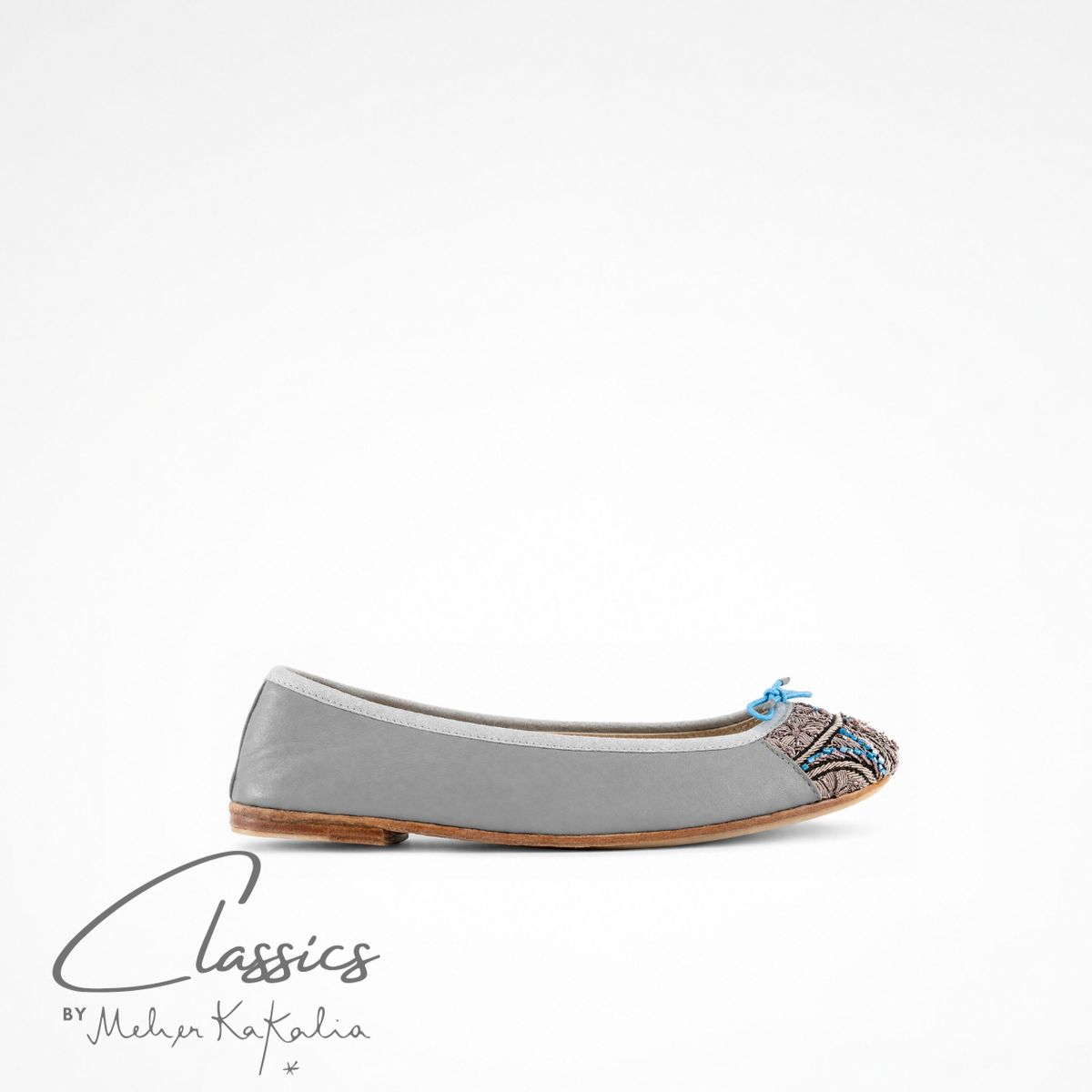 Grey leather BIZI ballet flat with hand-embroidered toe cap, side view